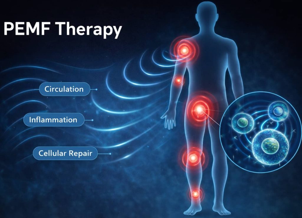 Illustration showing pulsed electromagnetic field therapy with waves entering the body to support circulation, reduce inflammation, and promote cellular repair