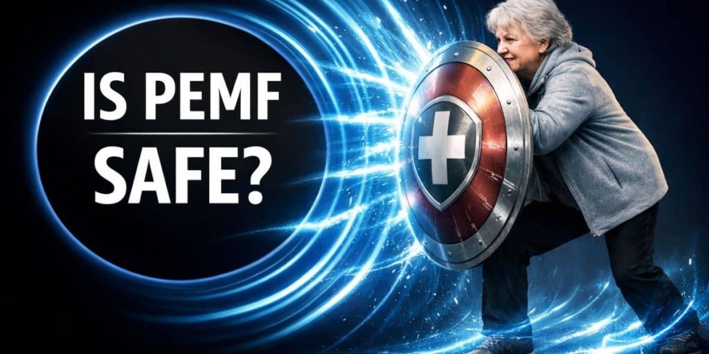 Elderly woman holding a shield with blue electromagnetic waves symbolizing the safety of PEMF therapy and protection from inflammation and pain.