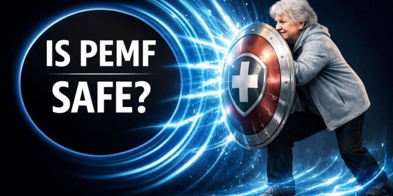 Older woman holding a shield deflecting blue electromagnetic waves from a circle labeled “Is PEMF Safe?”