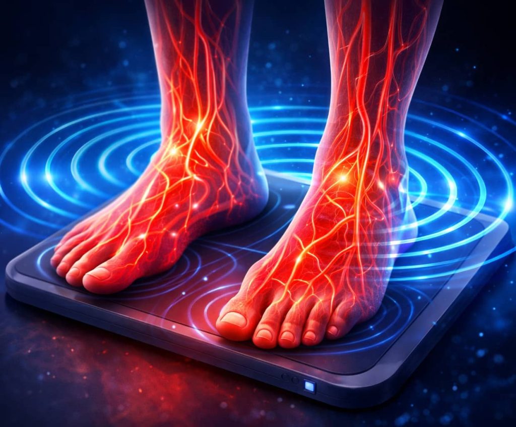 Illustration of a PEMF foot pad improving circulation in the feet and ankles with visible blood vessels and electromagnetic waves.
