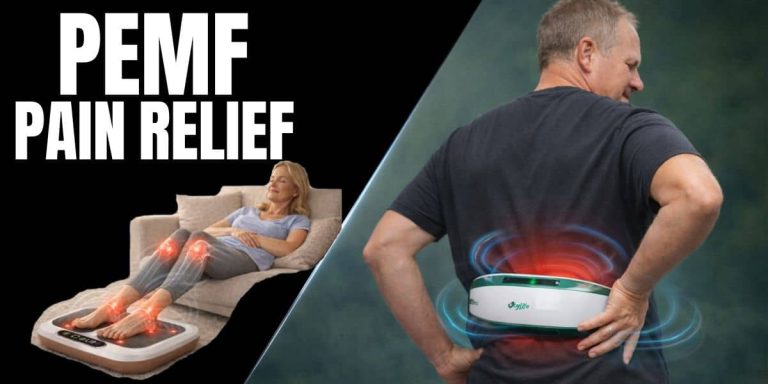 Woman using a PEMF foot therapy device while another person wears a lower back massager for pain relief