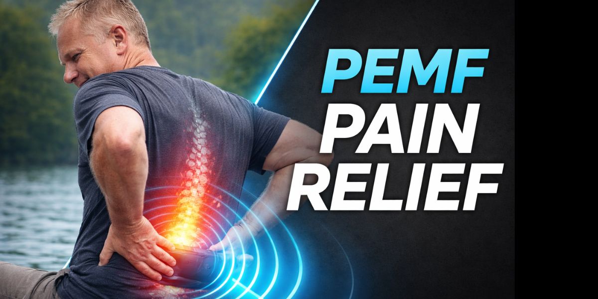 Man holding his lower back with a glowing spine while PEMF waves radiate from a therapy device to represent chronic pain relief