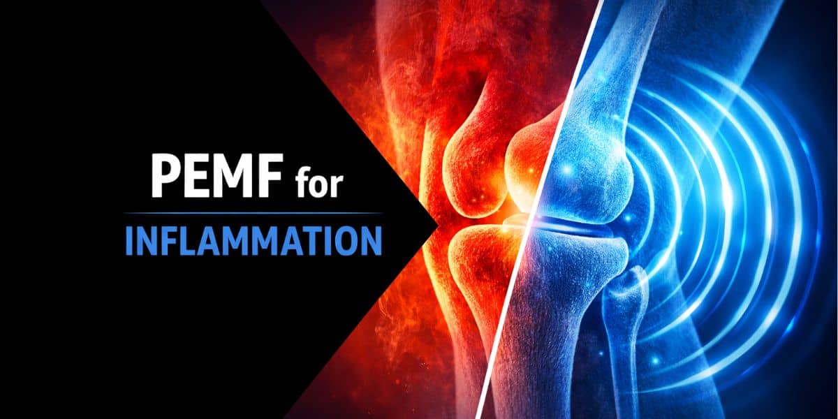 Illustration of PEMF therapy for inflammation showing an inflamed knee joint on one side and blue electromagnetic waves calming the joint to reduce pain and swelling.