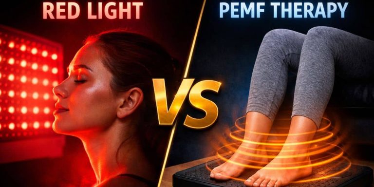 Red light therapy vs PEMF therapy comparison showing red light treatment on face and PEMF foot device for pain and recovery
