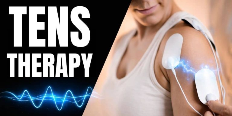 Woman using a TENS therapy device with electrode pads on shoulder showing electrical pulse stimulation for pain relief