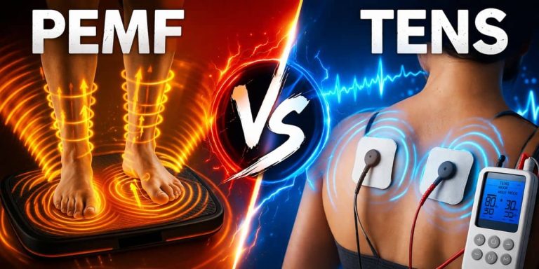 PEMF vs TENS comparison showing PEMF foot pad with orange energy waves and TENS device with electrode pads emitting blue pulses on the back