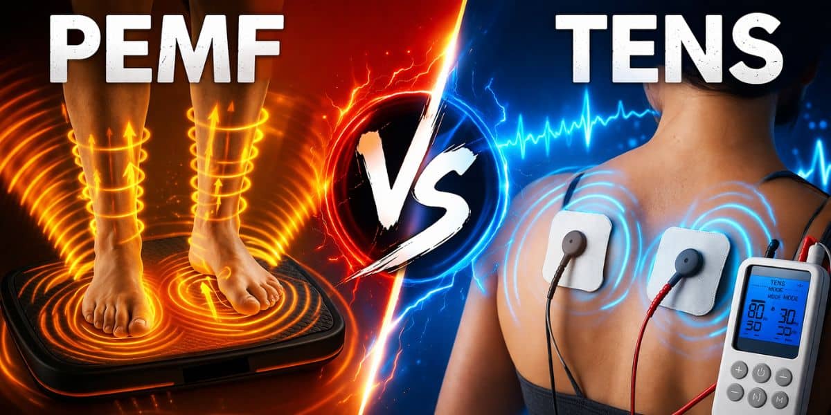 PEMF vs TENS comparison showing PEMF foot pad with orange energy waves and TENS device with electrode pads emitting blue pulses on the back