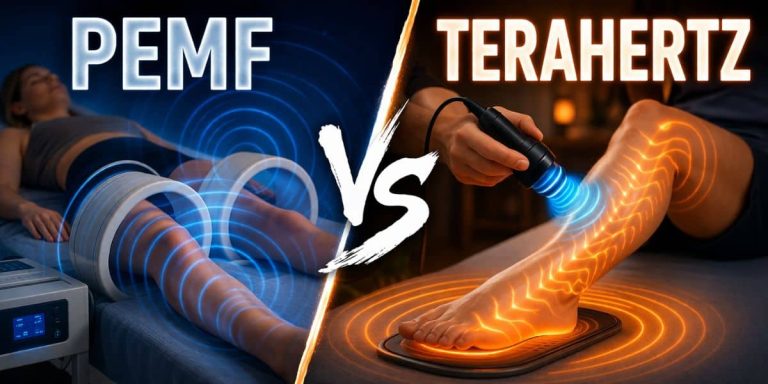 PEMF vs terahertz therapy comparison image showing blue electromagnetic waves on the left and orange terahertz waves on the right applied to a leg