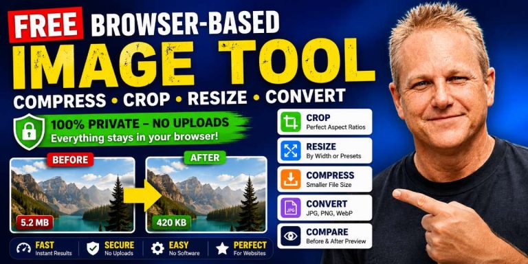 Featured image showing Andrew Twelftree promoting a free browser-based image compressor and cropper tool with image resizing, cropping, compression, WebP conversion, compare preview, and private no-upload processing.