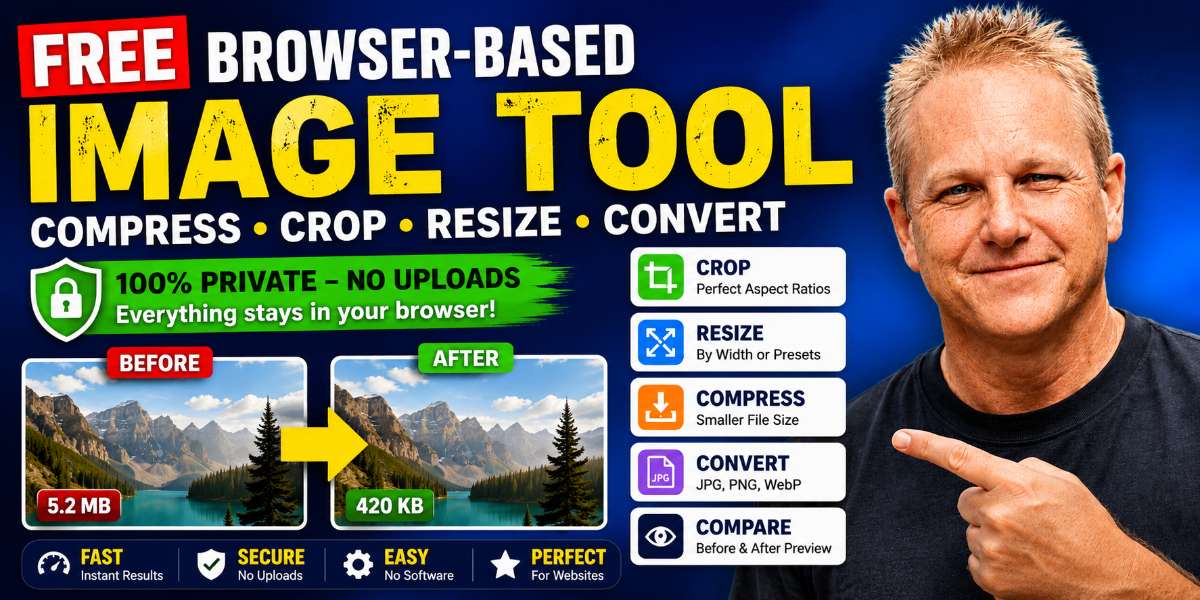 Featured image showing Andrew Twelftree promoting a free browser-based image compressor and cropper tool with image resizing, cropping, compression, WebP conversion, compare preview, and private no-upload processing.