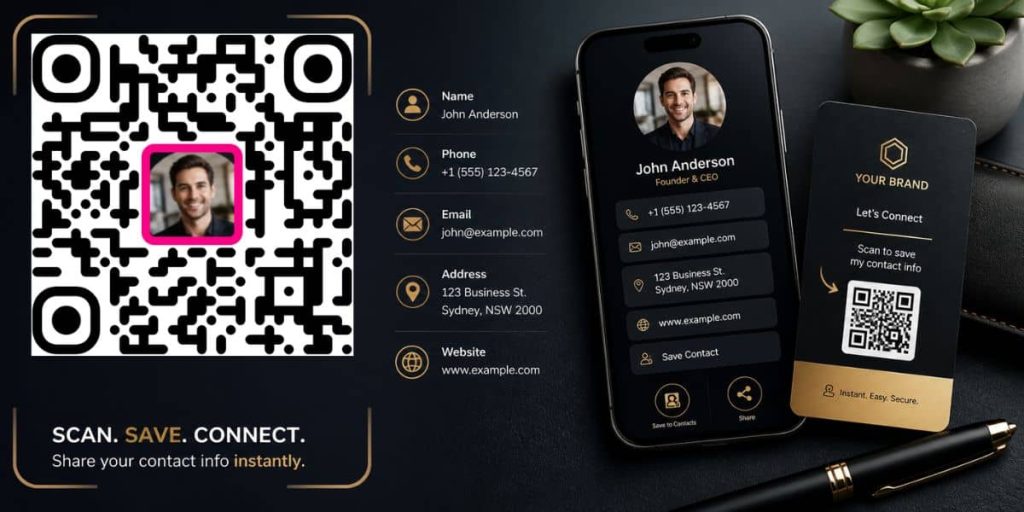 QR code with photo in center linking to contact information example
