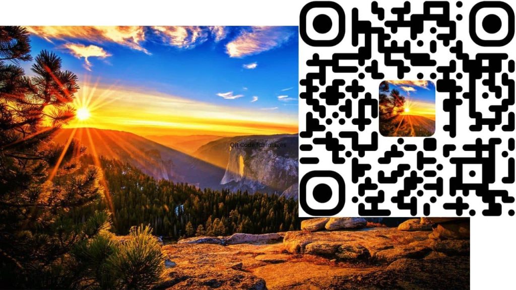 QR code for image example showing landscape photo with QR code overlay linking to image
