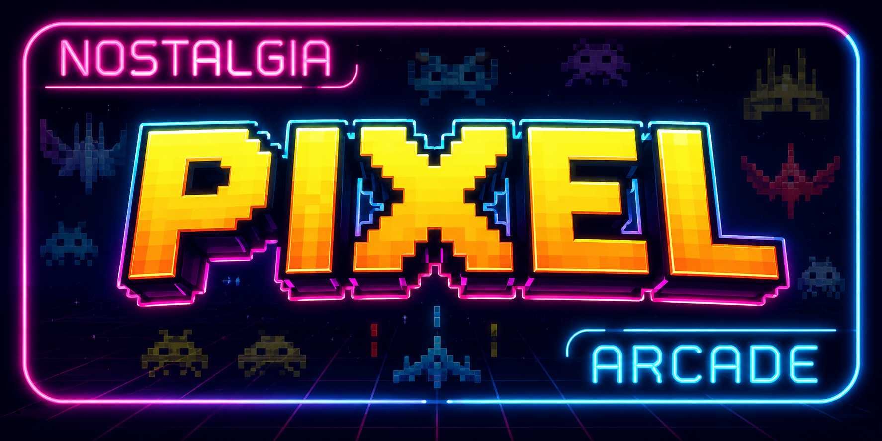 Neon retro arcade banner featuring the words Nostalgia Pixel Arcade with pixel-style alien ships and glowing 1980s arcade aesthetics.