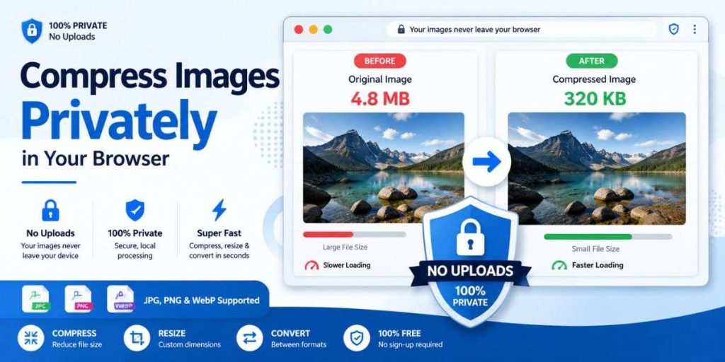 Private browser-based image compressor and converter showing before and after image compression with JPG, PNG, and WebP support and no uploads required.