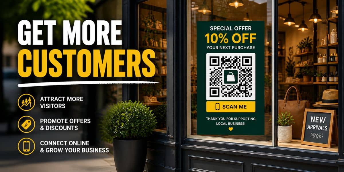 QR code in shop window promoting discount to get more customers