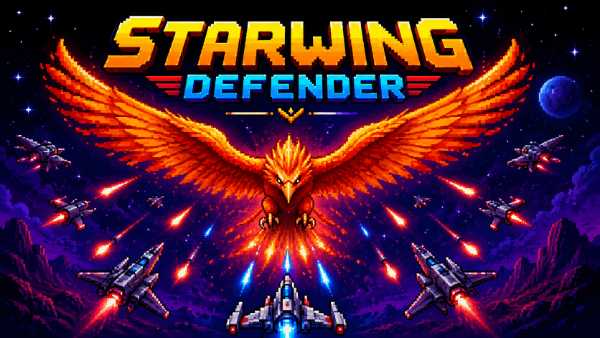 Retro arcade-style game artwork for Starwing Defender featuring a fiery phoenix bird attacking space ships in a pixel-art space battle.