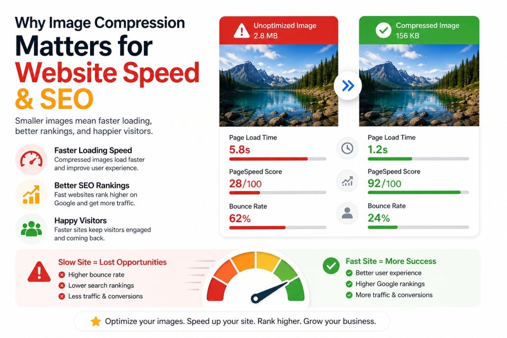 Infographic showing how compressed images improve website speed, SEO rankings, and user experience compared to large unoptimized images.