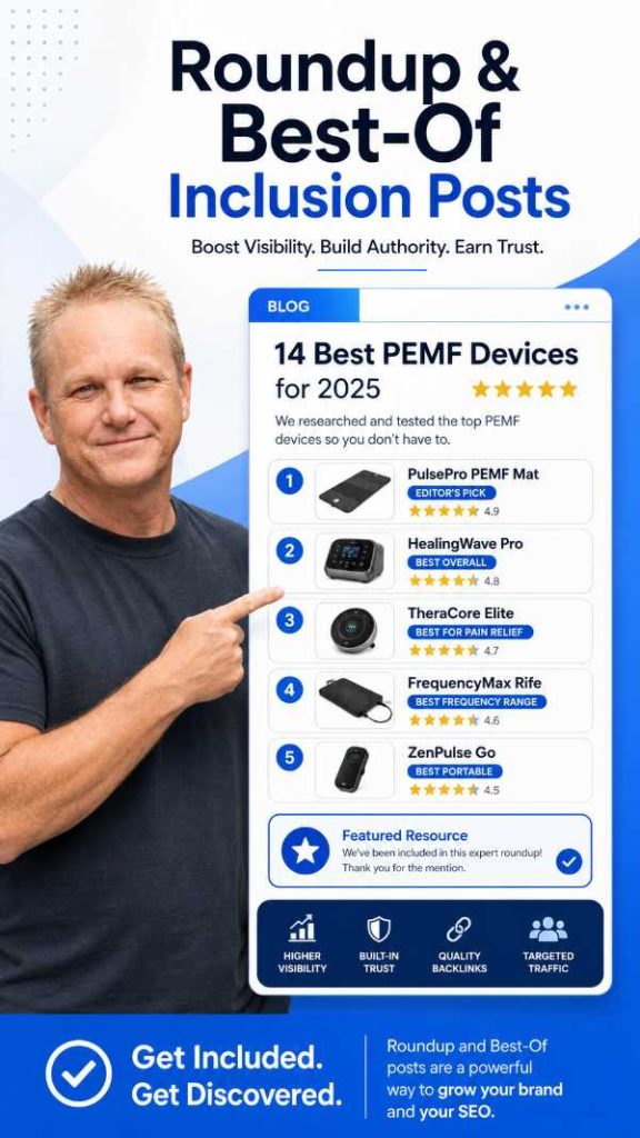 Andrew Twelftree pointing to a roundup and best-of inclusion post example featuring a best PEMF devices list, illustrating backlink opportunities through roundup and best-of inclusion pitches.
