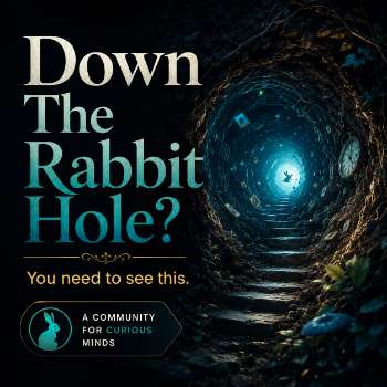 Down The Rabbit Hole curiosity banner with a glowing tunnel and hidden truth theme.