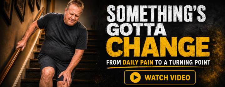 Something’s Gotta Change banner featuring Andrew’s pain relief story and chronic knee pain journey.