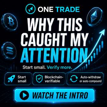 One Trade promotional banner with crypto trading visuals and the headline Why This Caught My Attention.