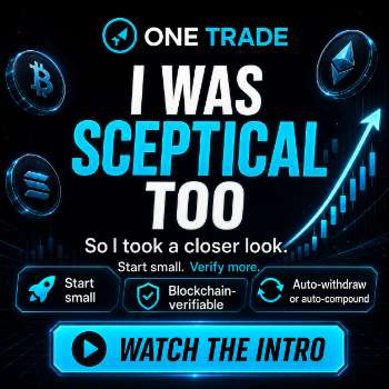 One Trade promotional banner with crypto trading visuals and the headline I Was Skeptical Too.