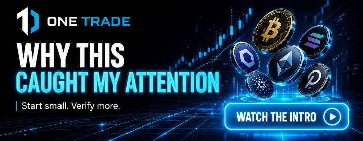 One Trade promotional banner with crypto trading visuals and the headline Why This Caught My Attention.