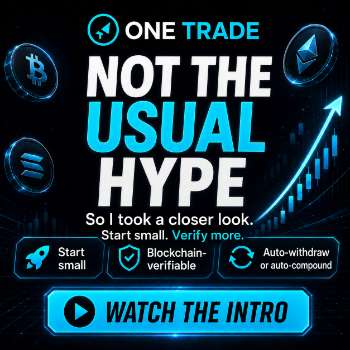 One Trade promotional banner with crypto trading visuals and the headline Not the Usual Hype.