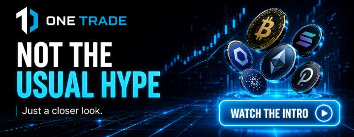 One Trade promotional banner with crypto trading visuals and the headline Not the Usual Hype.