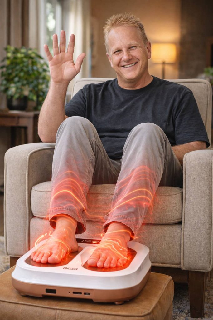 Man sitting on a couch with his feet on a home therapy device, smiling and waving, with orange energy waves rising up his legs to represent PEMF and terahertz therapy