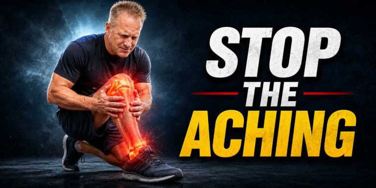 Aching joints relief image showing a man gripping his painful knee with red inflammation effects and the words stop the aching