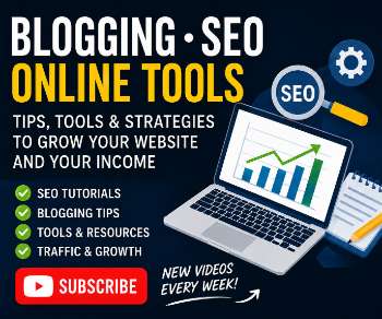 YouTube subscribe banner for blogging, SEO, online tools, tips, tools, and website growth strategies