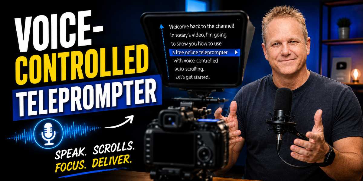 Andrew Twelftree demonstrating a free online teleprompter with voice-controlled scrolling, camera and microphone in a home studio.
