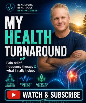 My Health Turnaround YouTube subscribe banner featuring Andrew, knee pain graphics, and frequency therapy visuals.