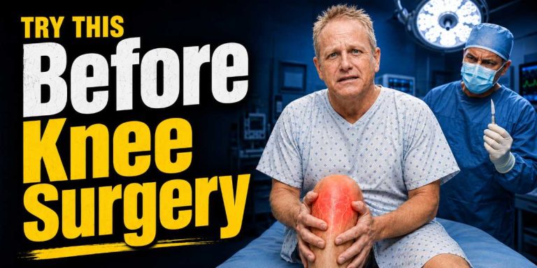 Worried man holding a painful glowing knee before surgery, with surgeon behind him and text reading Try This Before Knee Surgery