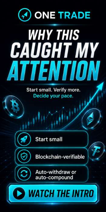 One Trade promotional banner with crypto trading visuals and the headline Why This Caught My Attention.