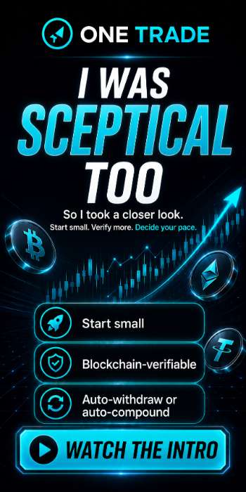 One Trade promotional banner with crypto trading visuals and the headline I Was Skeptical Too.