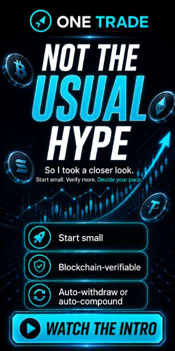 One Trade promotional banner with crypto trading visuals and the headline Not the Usual Hype.