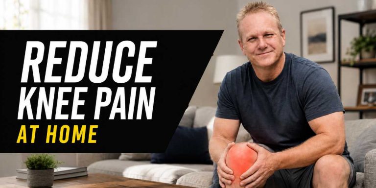 Man holding his painful knee at home with text reading reduce knee pain at home