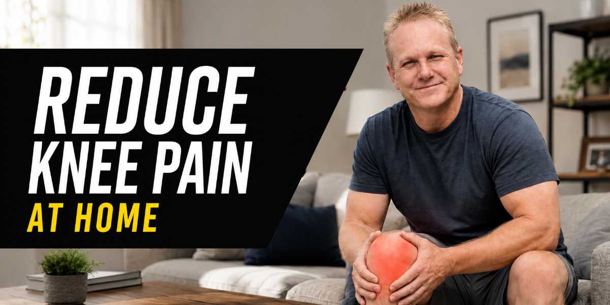 Man holding his painful knee at home with text reading reduce knee pain at home