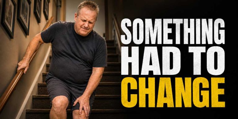 Why I Chose the OlyLife TERA P90 for Chronic Knee Pain featured image showing Andrew Twelftree struggling down stairs with the text Something Had to Change