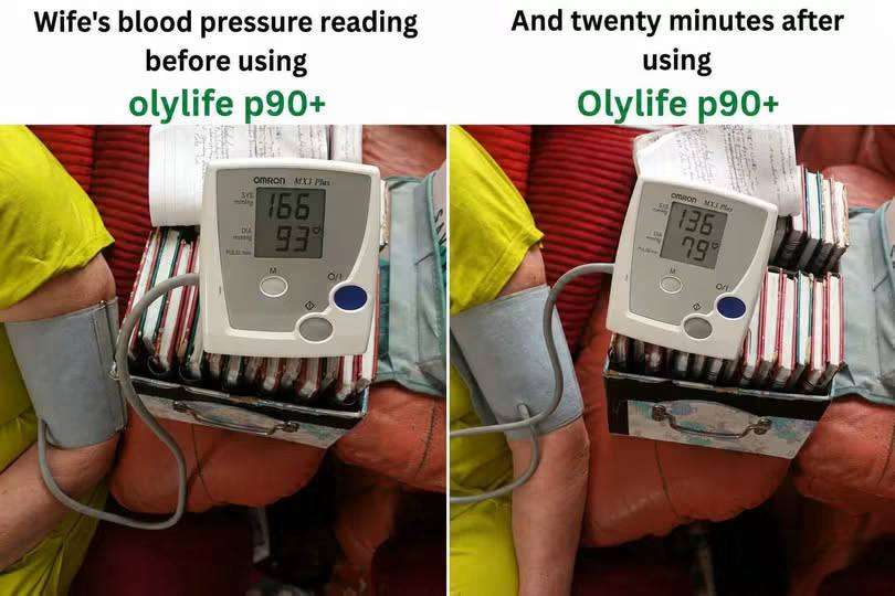 Before-and-after blood pressure readings taken before and approximately 20 minutes after using the OlyLife TERA P90 Plus.