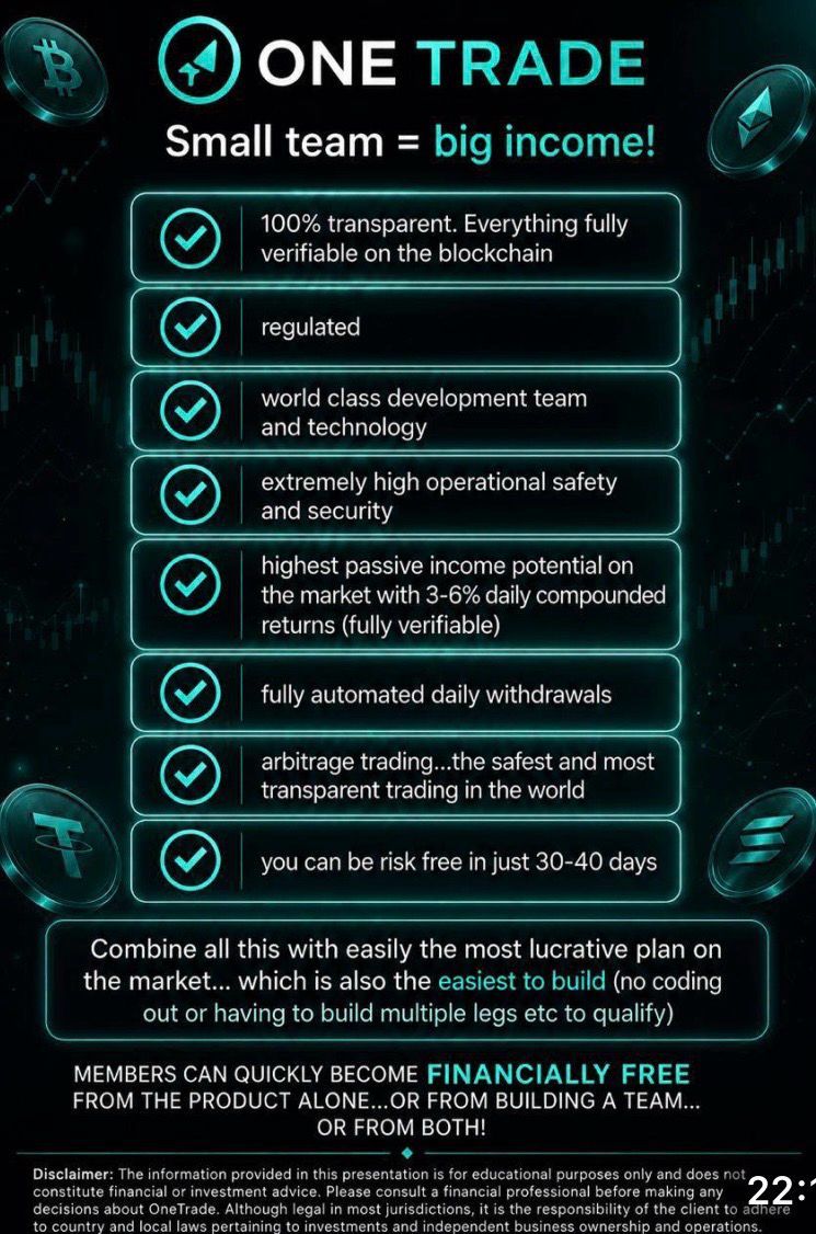 One Trade arbitrage trading overview showing blockchain transparency, automation, security, and daily compounding features.