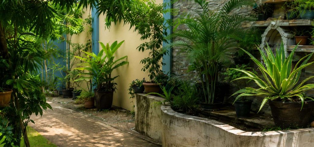 Lush tropical gardens and peaceful walking path at Twelftree Wellness Centre near Dumaguete, Negros Oriental.