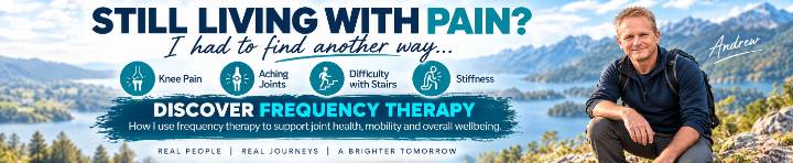 Horizontal banner showing Andrew Twelftree kneeling outdoors beside lake and mountains, promoting frequency therapy for knee pain, aching joints, stiffness, and difficulty with stairs.