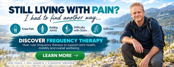 Vertical banner showing Andrew Twelftree kneeling outdoors beside lake and mountains, promoting frequency therapy for knee pain, aching joints, stiffness, and difficulty with stairs.