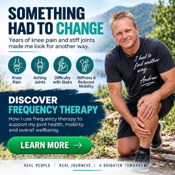 Andrew Twelftree kneeling outdoors and holding his knee beside text about knee pain, aching joints, stiffness, reduced mobility, and discovering frequency therapy.