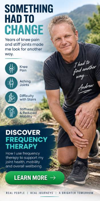 Andrew Twelftree kneeling outdoors and holding his knee beside text about knee pain, aching joints, stiffness, reduced mobility, and discovering frequency therapy.