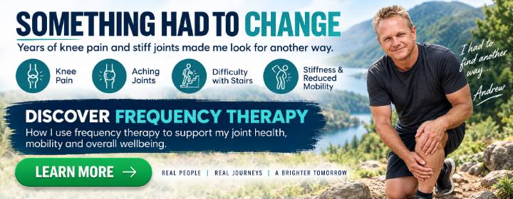 Andrew Twelftree kneeling outdoors and holding his knee beside text about knee pain, aching joints, stiffness, reduced mobility, and discovering frequency therapy.