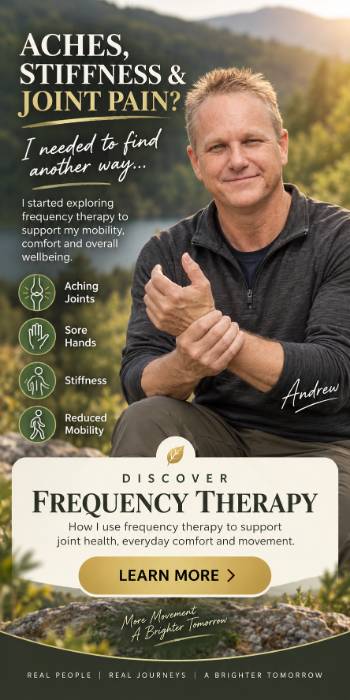 Vertical banner showing Andrew Twelftree outdoors holding his wrist, promoting frequency therapy for aching joints, sore hands, stiffness, and reduced mobility.